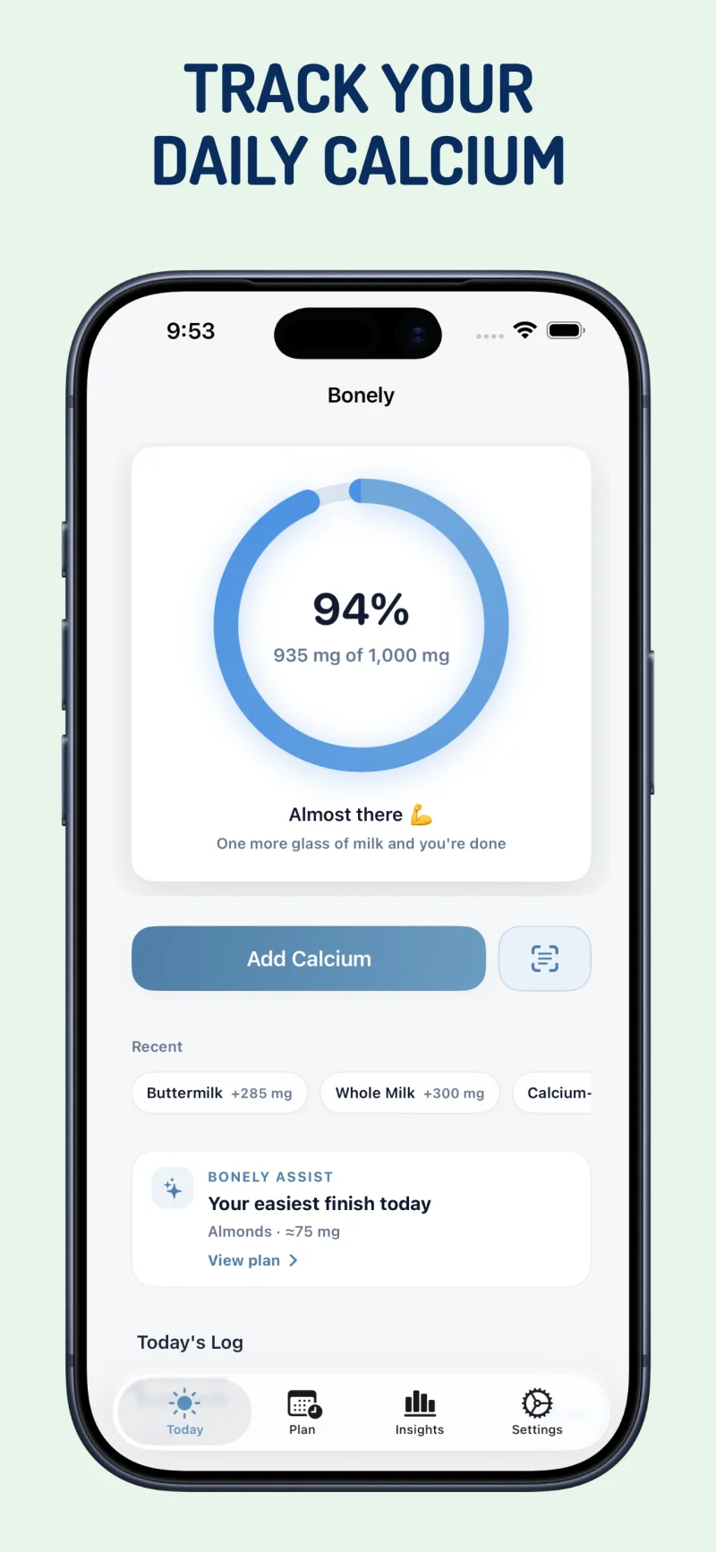 Bonely iPhone calcium tracker dashboard showing daily progress