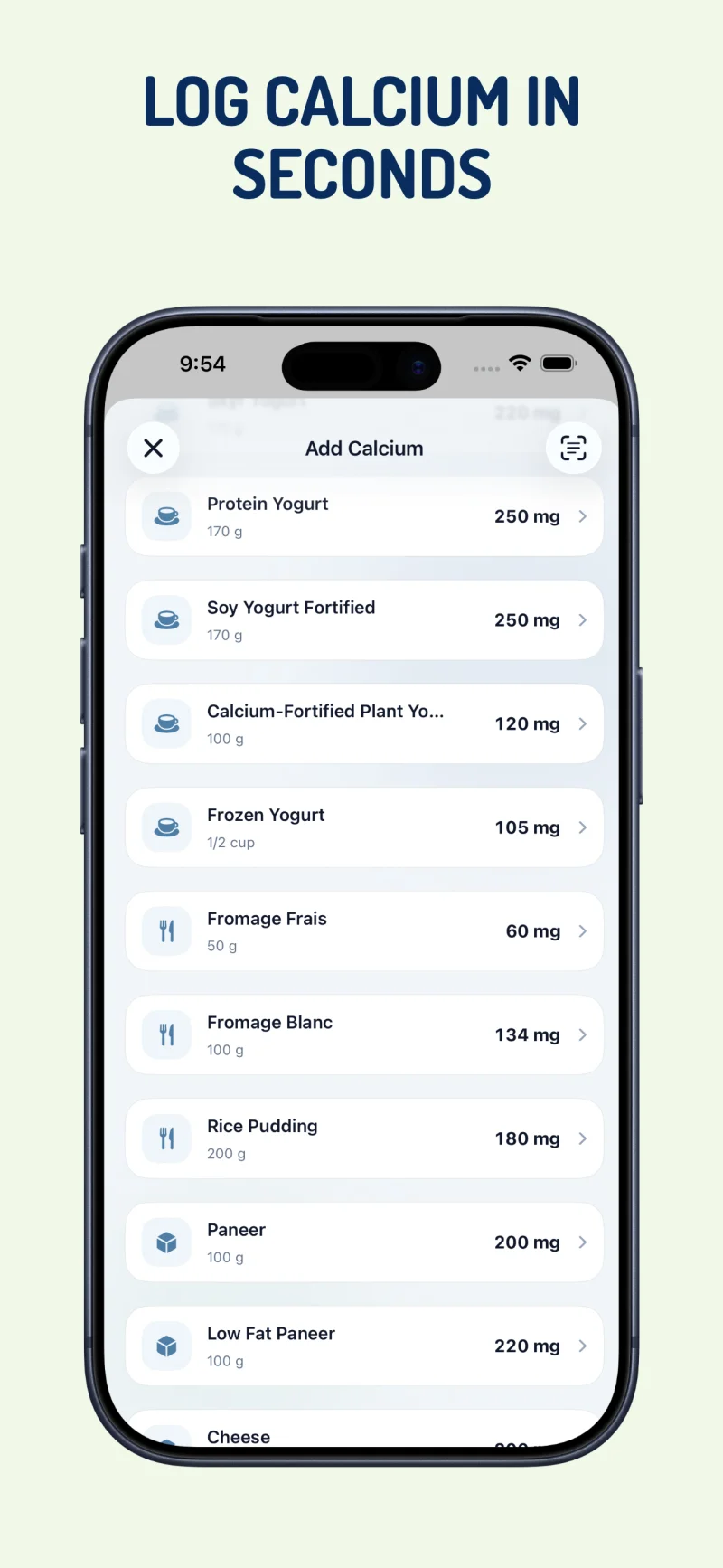 Bonely food search interface for logging calcium rich meals