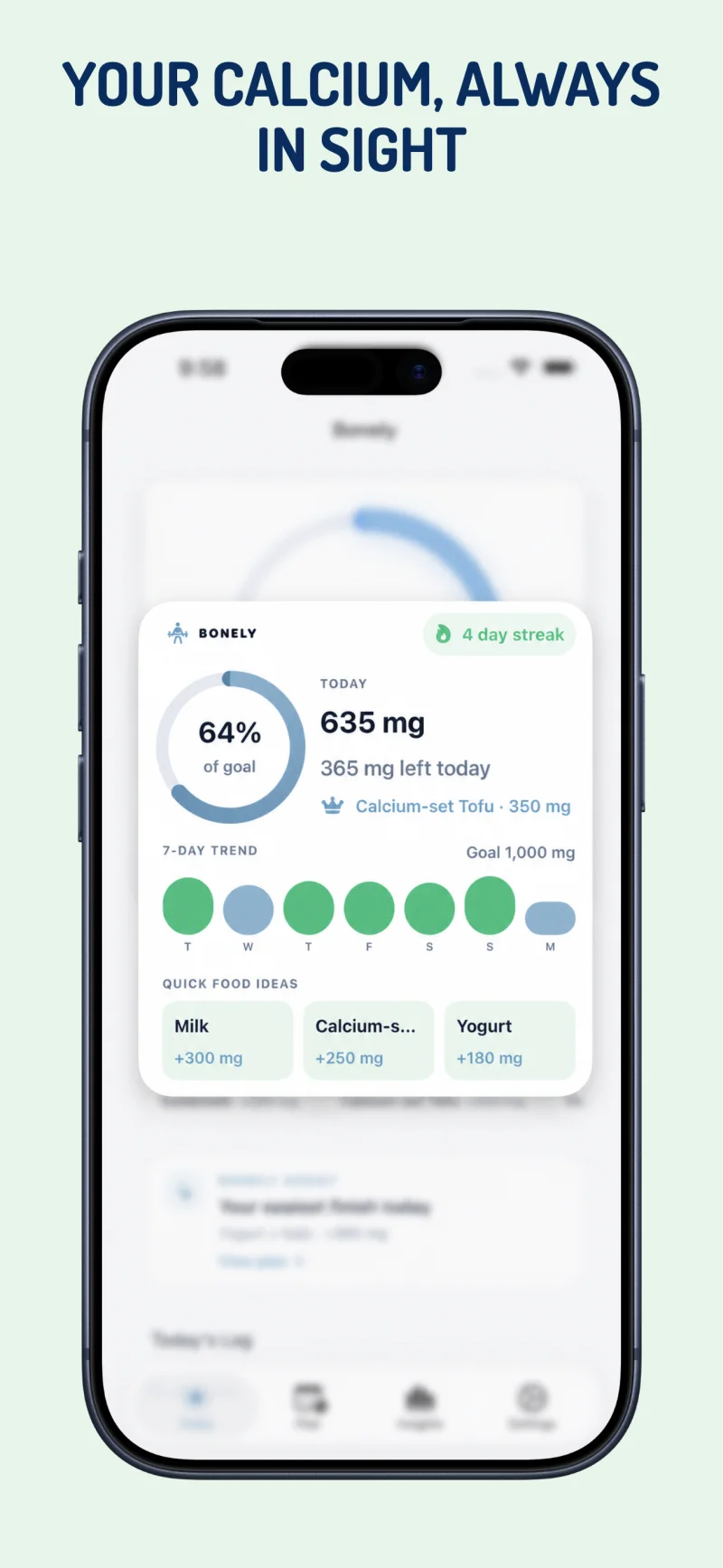 Bonely calcium progress widgets on an iPhone Home Screen